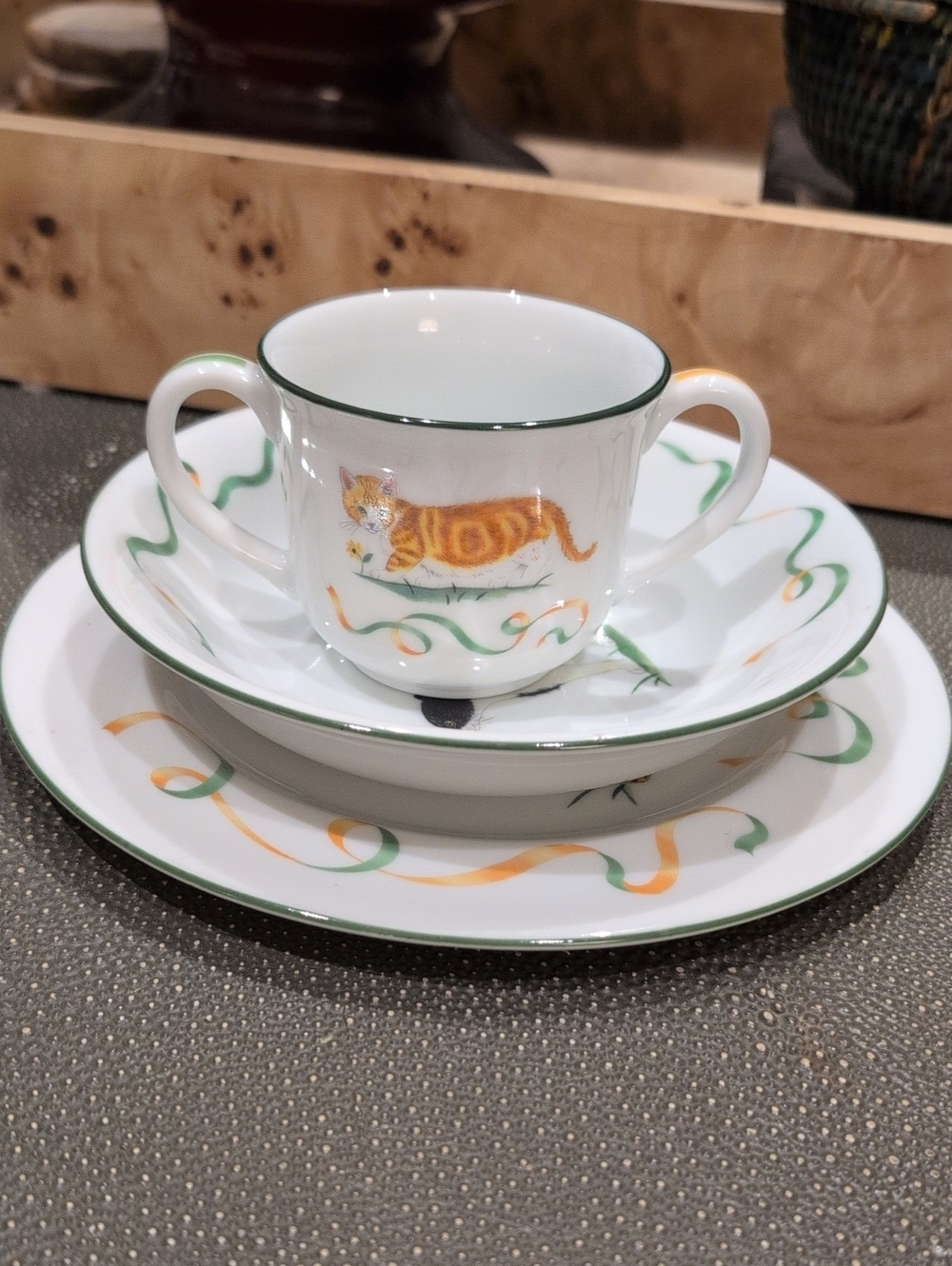 Child's Cat Accent 3-Piece Dinner Set "Kitten Kapers" by Lynn Chase Silver Rim